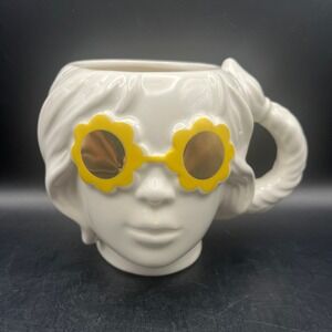 Sheffield Home White Ceramic‎ Face Mug Yellow Flower Sunglasses Hippie Braid